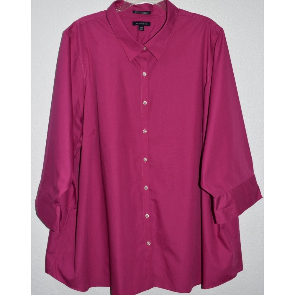 Lands End 34W Wrinkle free Blouse Shirt Button‎ Front 3/4 Sleeve Magenta Pink